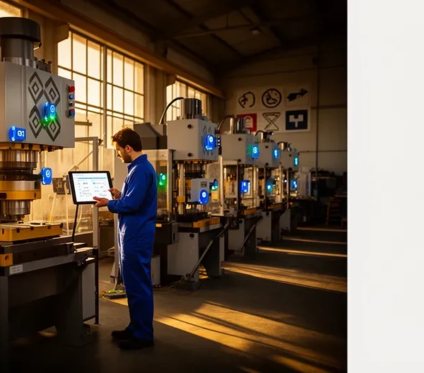 Vue d'ensemble d'un atelier industriel moderne avec capteurs IoT et tableaux de bord de maintenance prédictive