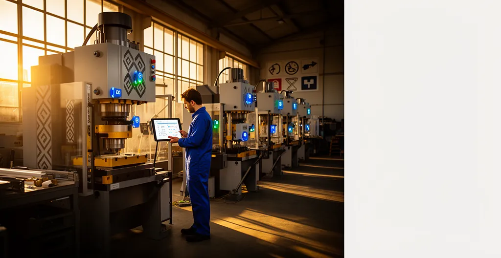 Vue d'ensemble d'un atelier industriel moderne avec capteurs IoT et tableaux de bord de maintenance prédictive