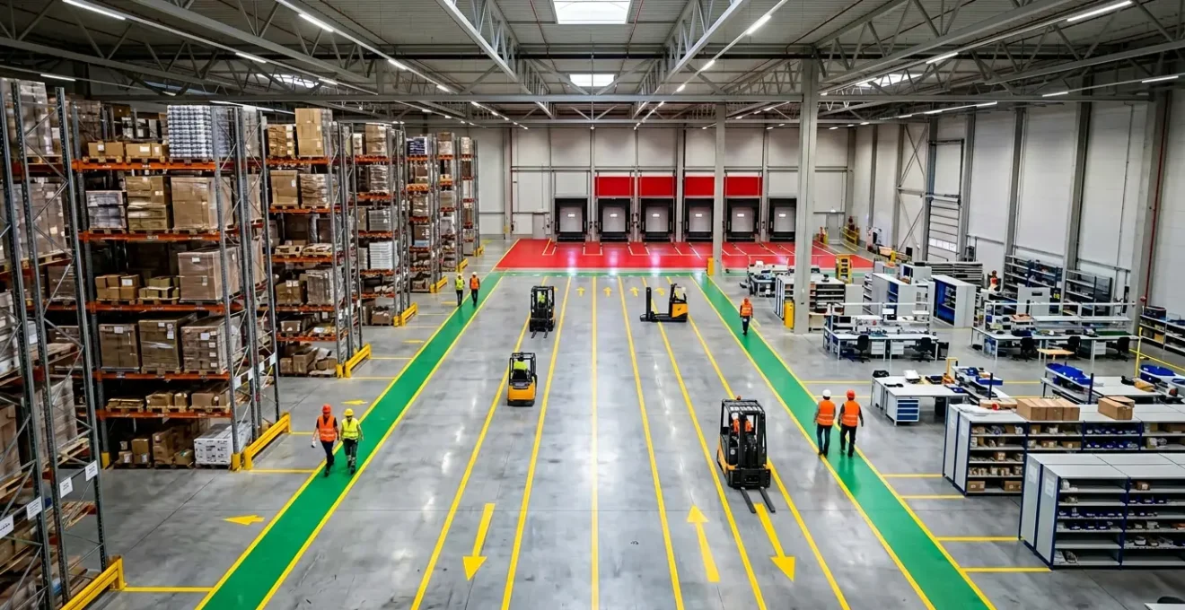 Vue aérienne d'un atelier industriel avec marquages au sol colorés délimitant les zones de circulation