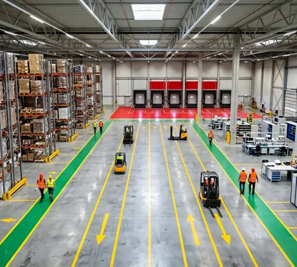 Vue aérienne d'un atelier industriel avec marquages au sol colorés délimitant les zones de circulation