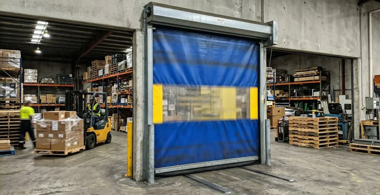 Une porte rapide industrielle en cours de fermeture dans un environnement d'entrepôt, légère motion blur sur le tablier souple