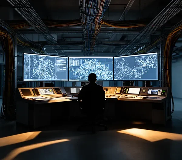 Vue d'ensemble d'un environnement industriel moderne avec des systèmes de contrôle sécurisés et des réseaux protégés