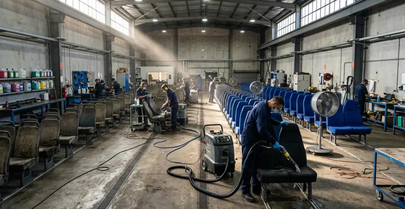 Vue détaillée d'un siège de bus en cours de rénovation professionnelle avec équipement spécialisé