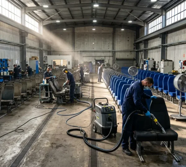 Vue détaillée d'un siège de bus en cours de rénovation professionnelle avec équipement spécialisé