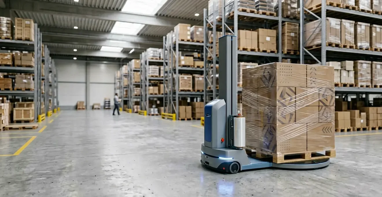 Vue d'ensemble d'un entrepôt logistique moderne avec robot de banderolage automatique en action sur une palette