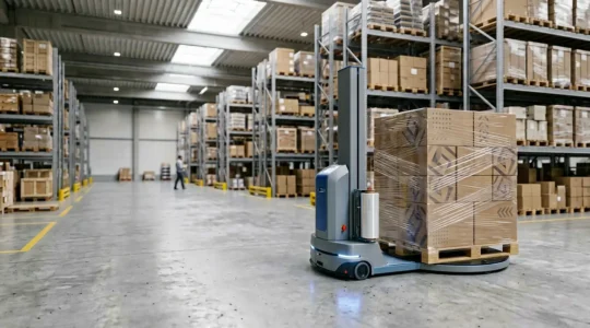 Vue d'ensemble d'un entrepôt logistique moderne avec robot de banderolage automatique en action sur une palette