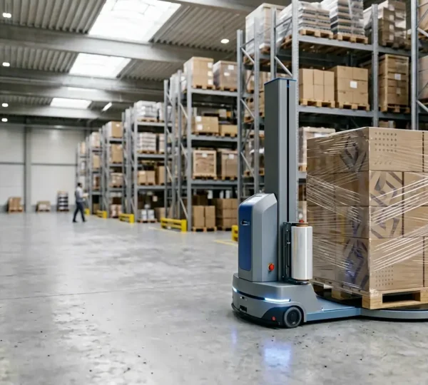 Vue d'ensemble d'un entrepôt logistique moderne avec robot de banderolage automatique en action sur une palette