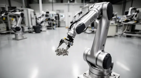Robot industriel haute précision en action sur une ligne de production moderne