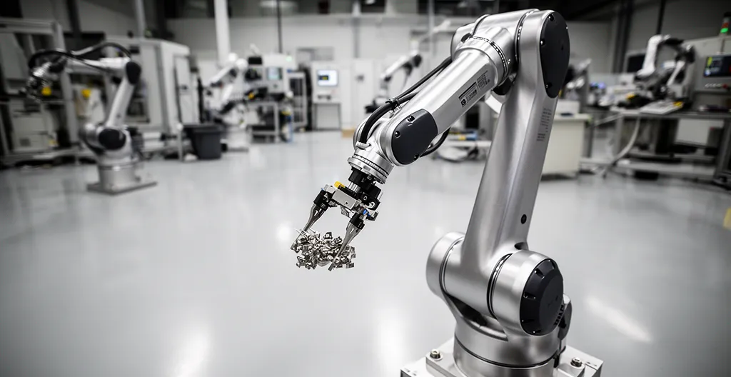 Robot industriel haute précision en action sur une ligne de production moderne