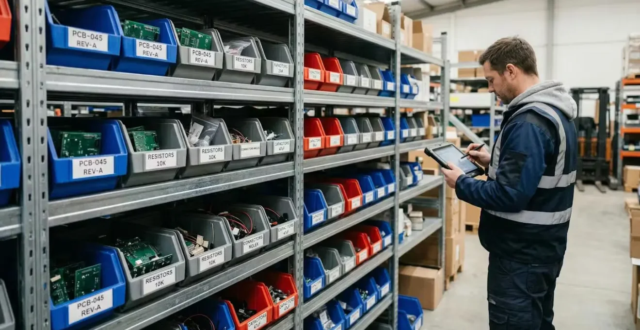 Rayonnages organisés de pièces détachées électroniques et composants industriels semi-conducteur