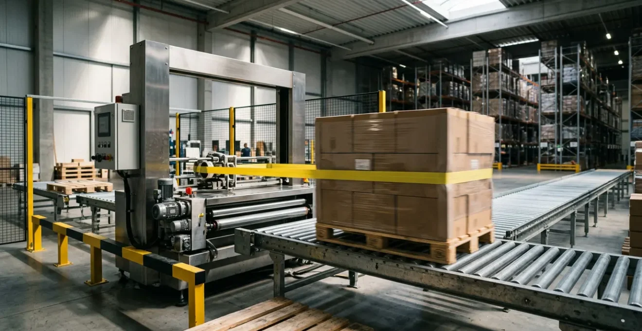 Ligne de bardage automatique dans un entrepôt industriel moderne avec système de sécurité