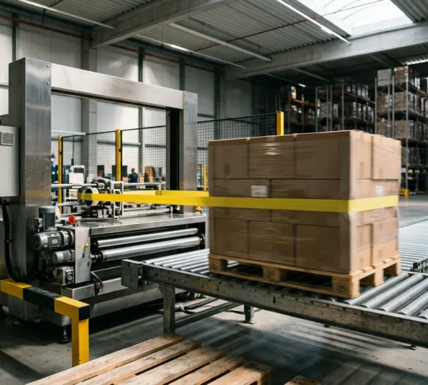 Ligne de bardage automatique dans un entrepôt industriel moderne avec système de sécurité