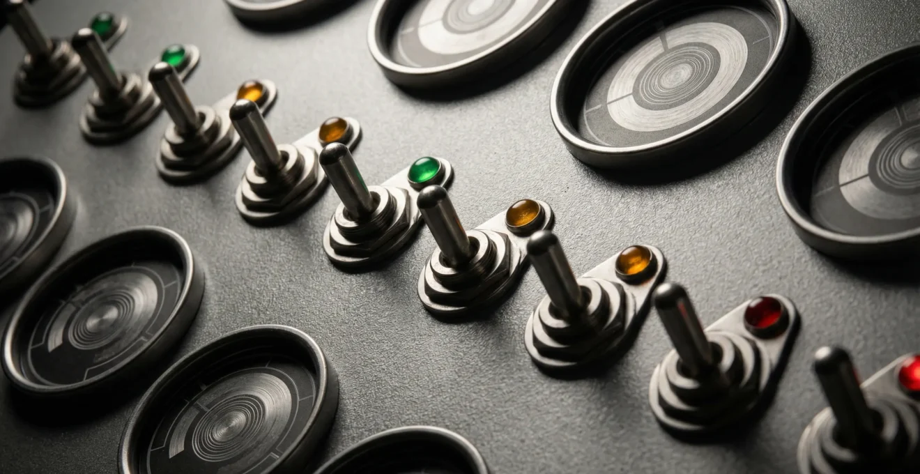 Gros plan sur un tableau de contrôle électrique industriel avec voyants lumineux et compteurs de surveillance