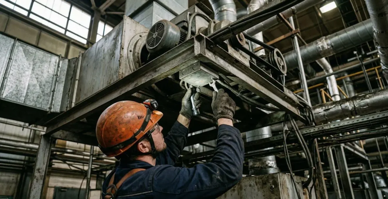 Un technicien de maintenance inspecte un système de ventilation industriel en hauteur, vu de dos avec casque de sécurité