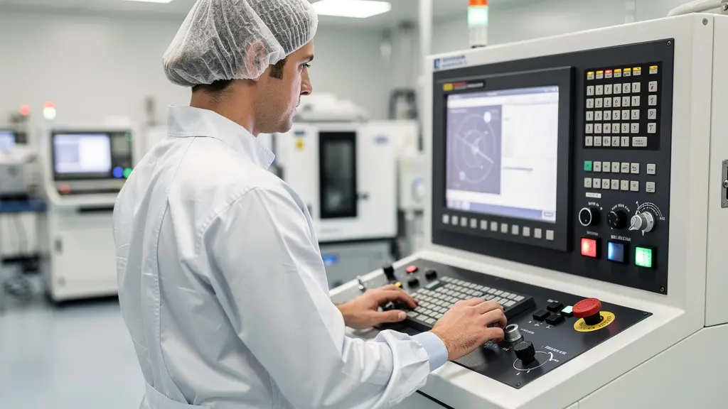 Technicien en tenue salle blanche consultant panneau de contrôle équipement métrologie KLA