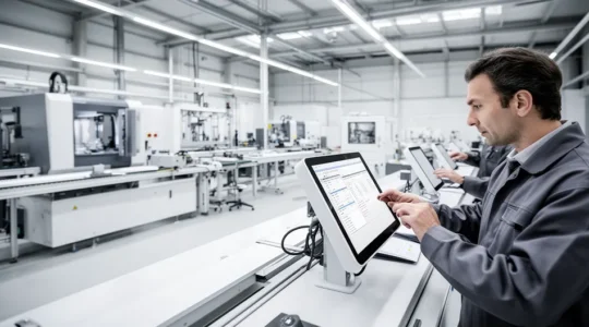 Atelier industriel moderne avec opérateurs utilisant des tablettes numériques pour remplacer les ordres de fabrication papier