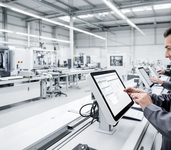 Atelier industriel moderne avec opérateurs utilisant des tablettes numériques pour remplacer les ordres de fabrication papier