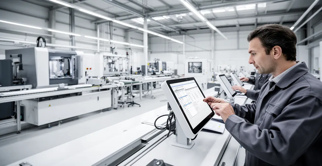 Atelier industriel moderne avec opérateurs utilisant des tablettes numériques pour remplacer les ordres de fabrication papier