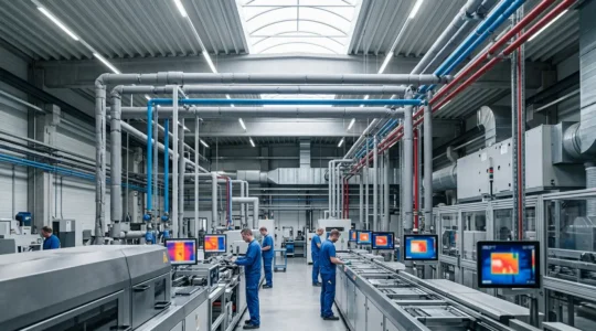 Intérieur d'une unité de production moderne avec système de récupération de chaleur visible