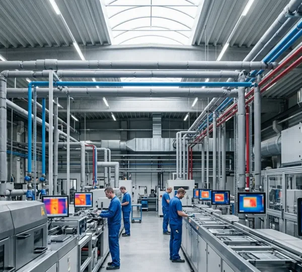 Intérieur d'une unité de production moderne avec système de récupération de chaleur visible