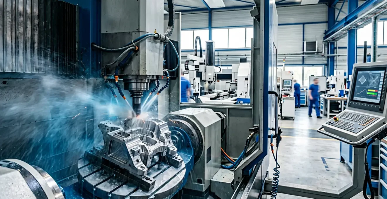 Centre d'usinage 5 axes haute précision usinant une pièce complexe en titane pour l'industrie aéronautique avec système de lubrification haute pression