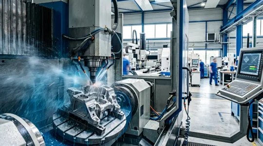 Centre d'usinage 5 axes haute précision usinant une pièce complexe en titane pour l'industrie aéronautique avec système de lubrification haute pression