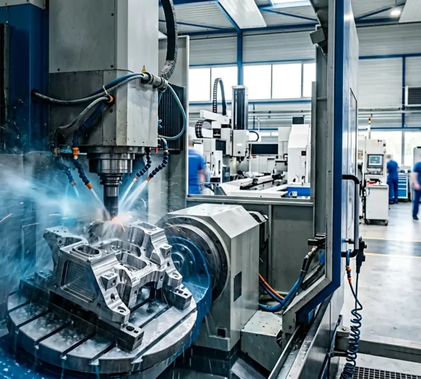 Centre d'usinage 5 axes haute précision usinant une pièce complexe en titane pour l'industrie aéronautique avec système de lubrification haute pression