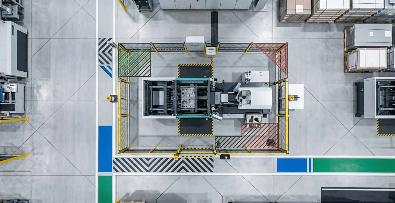 Vue aérienne montrant les zones de contournement possibles autour d'une barrière immatérielle dans un atelier industriel