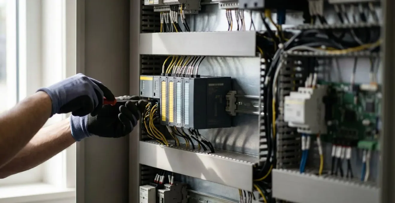 Schéma technique montrant l'interconnexion entre barrière immatérielle, automate de sécurité et contacteurs dans une armoire électrique