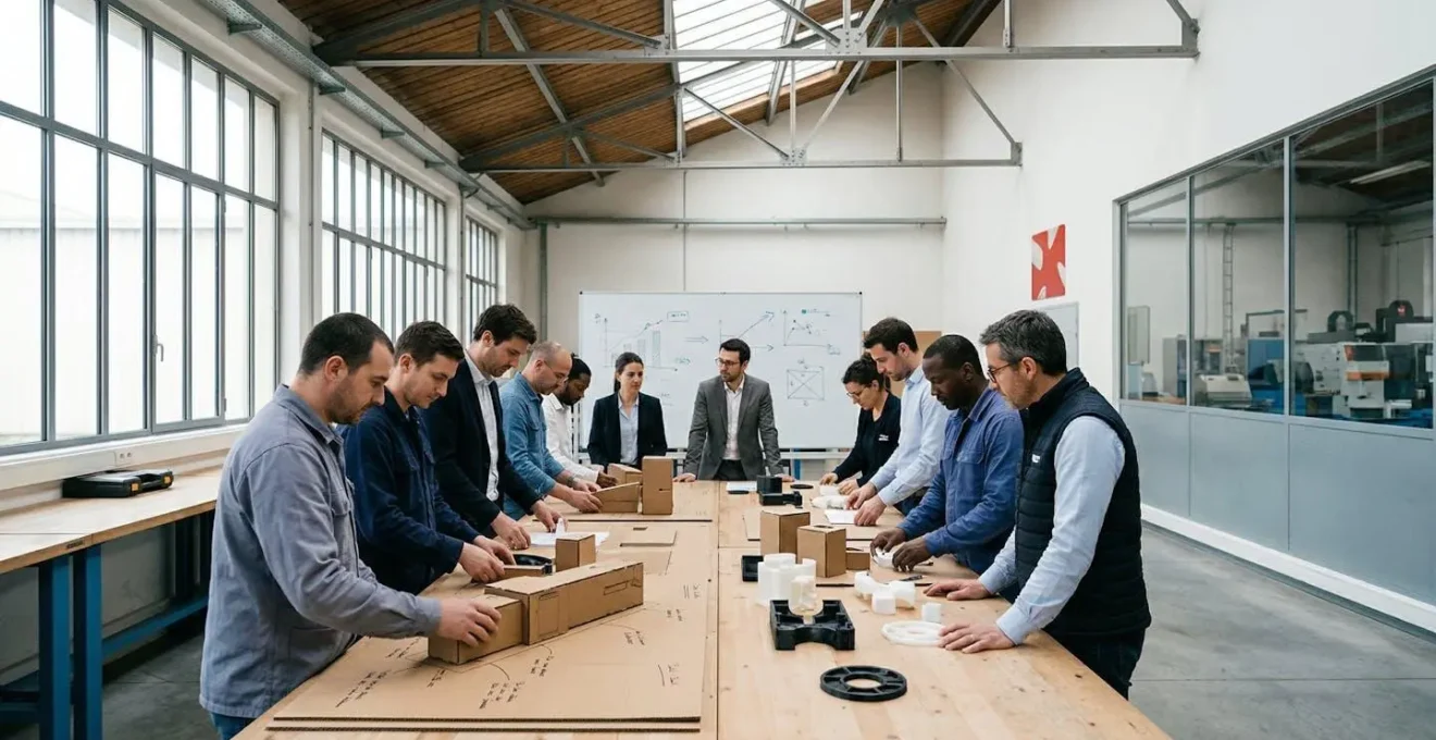 Session de co-conception avec opérateurs testant l'ergonomie d'un poste cobotisé