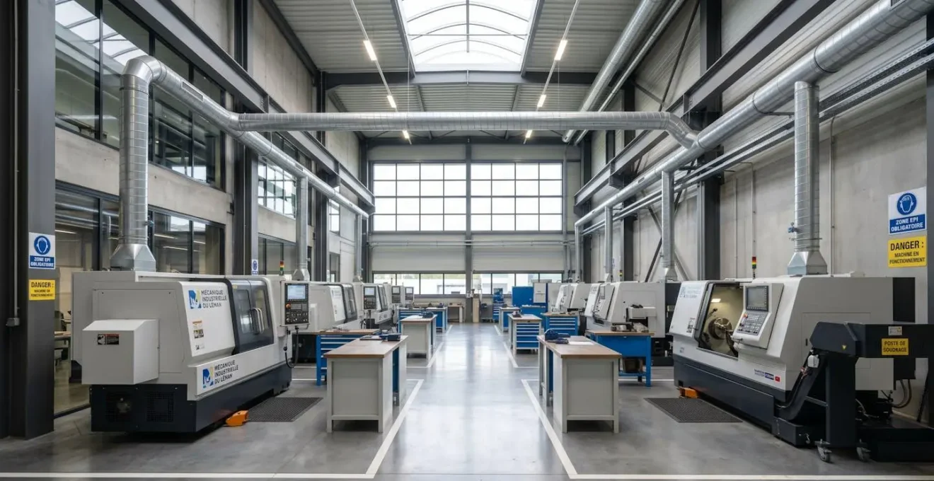 Vue grand angle d'un atelier industriel français équipé de tuyauteries d'extraction visibles, machines au repos, lumière naturelle abondante