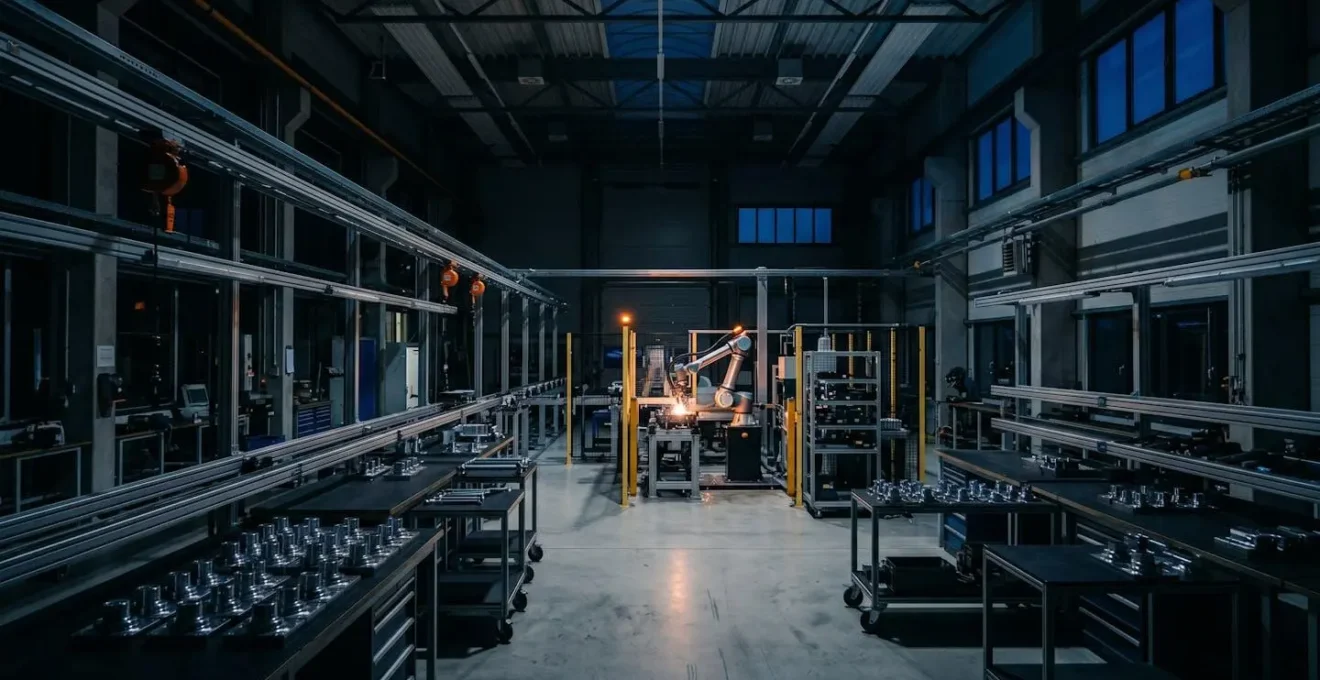 Vue d'ensemble d'un atelier de production automatisé en ambiance nocturne