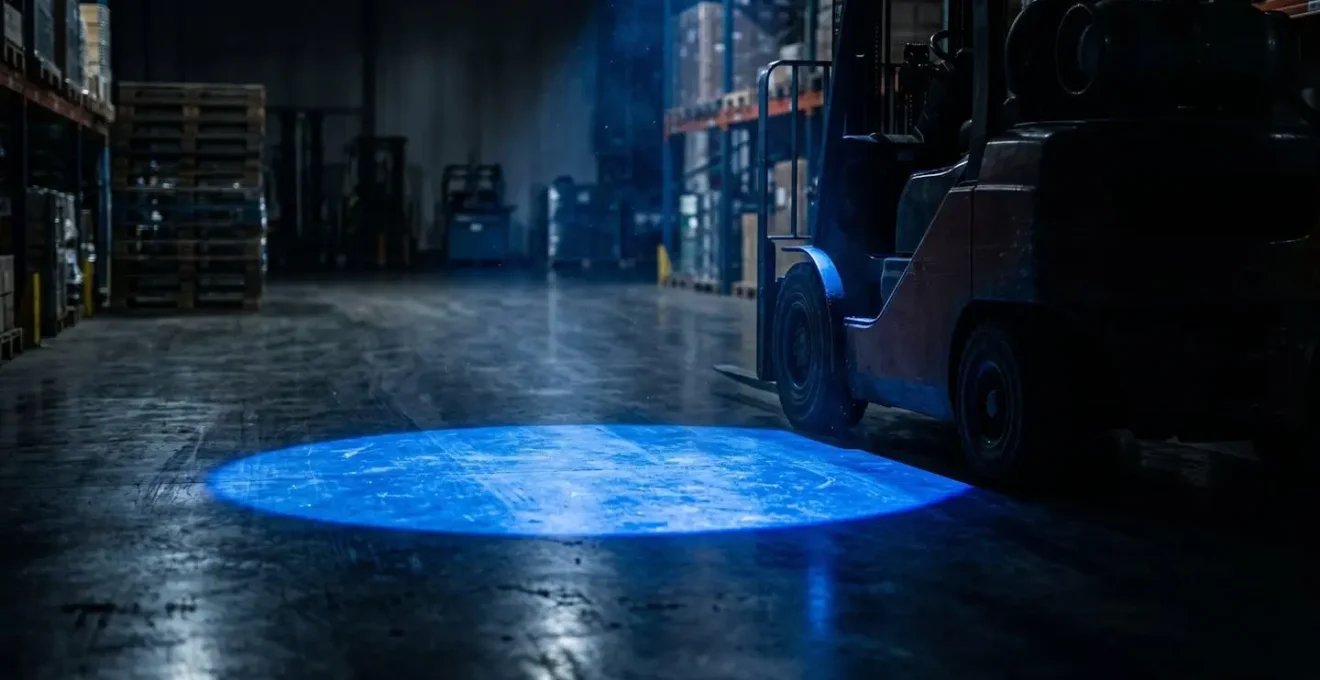Chariot élévateur projetant un halo bleu lumineux au sol dans un environnement industriel