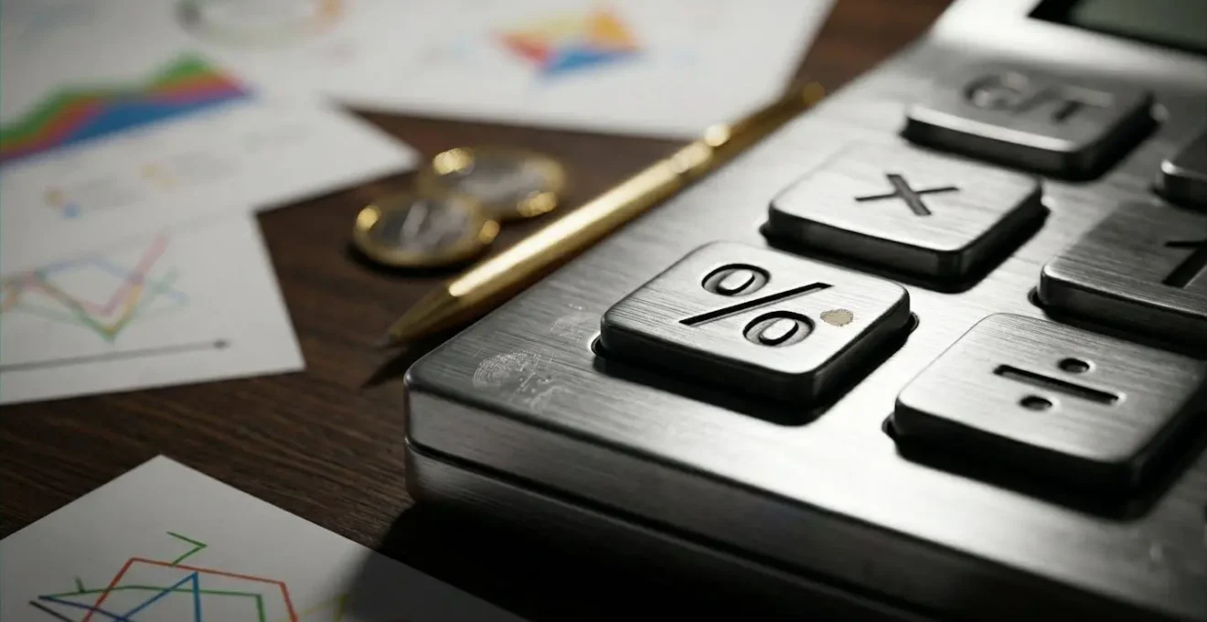 Gros plan sur calculatrice professionnelle et documents fiscaux pour calcul du suramortissement