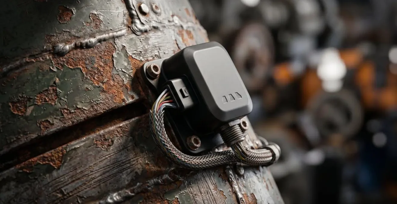 Vue macro d'un capteur IoT installé sur une machine industrielle ancienne