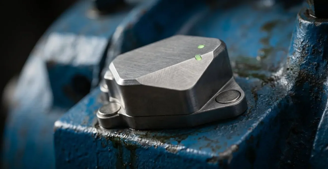 Gros plan macro sur un capteur de vibration IoT monté sur une machine industrielle