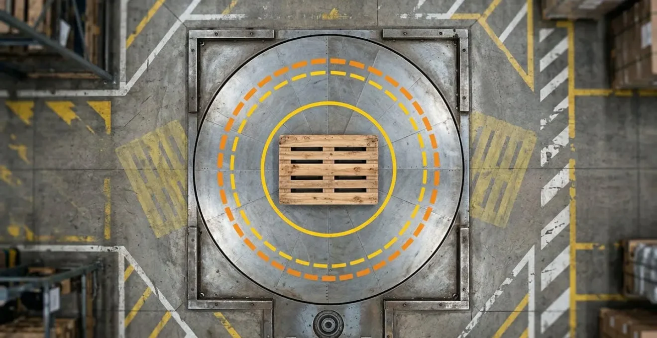 Vue de dessus montrant le positionnement correct d'une palette sur un plateau tournant avec guides de centrage