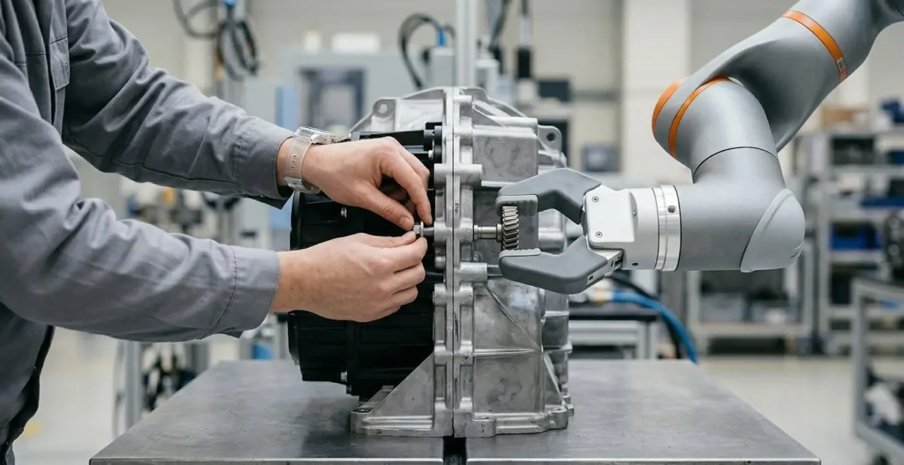 Opérateur et robot collaboratif travaillant ensemble sur une ligne d'assemblage