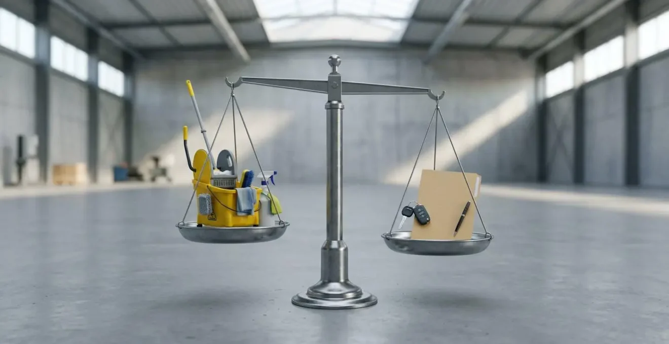 Balance métallique industrielle symbolisant l'équilibre des coûts entre solutions internes et externes