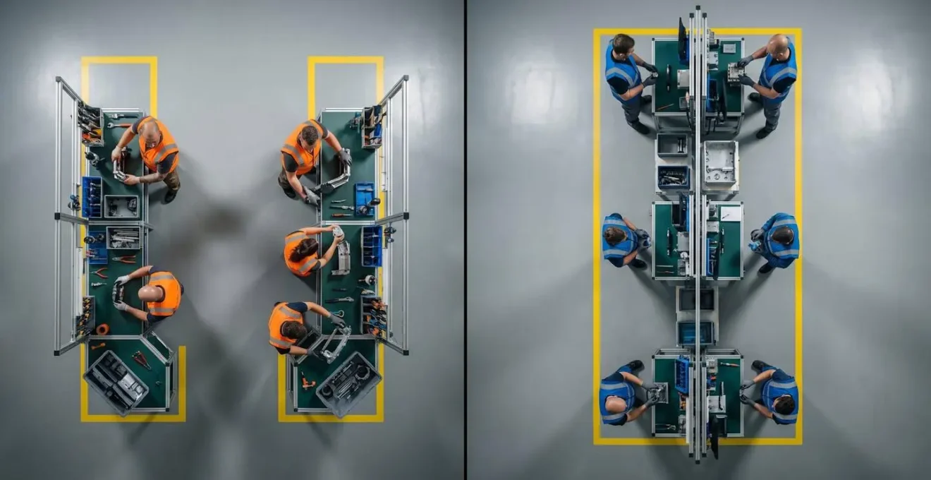 Vue de dessus comparant deux configurations d'îlots de production avec opérateurs en interaction
