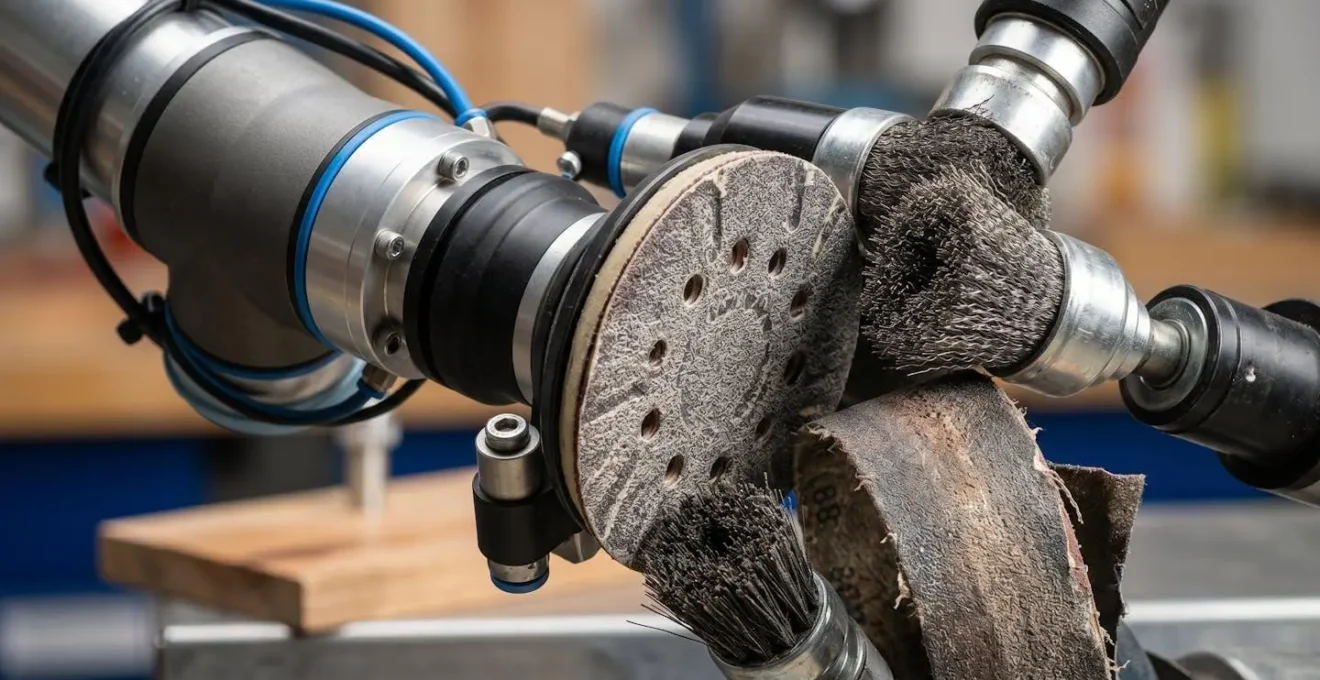 Vue macro détaillée d'outils de ponçage montés sur poignet de robot collaboratif