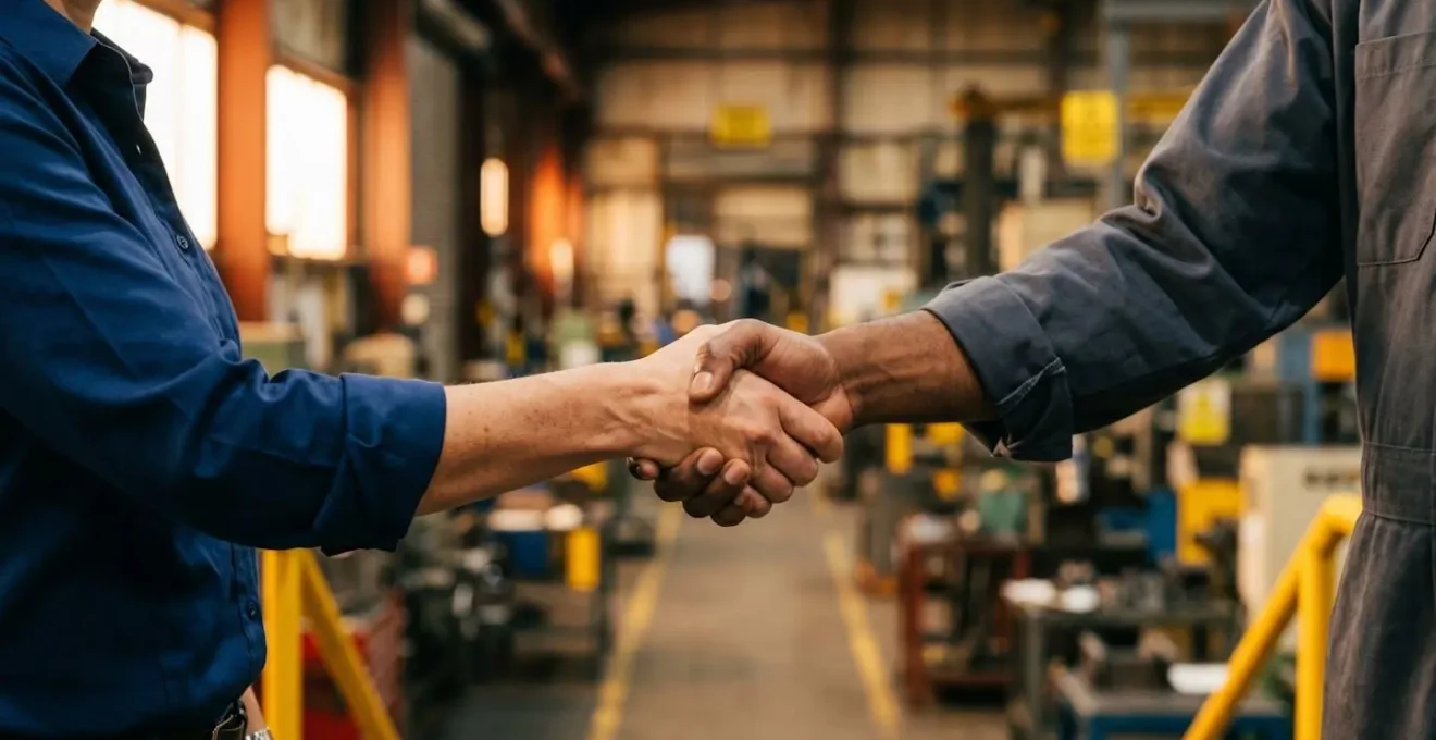 Poignée de main professionnelle entre responsable d'usine et prestataire de nettoyage industriel