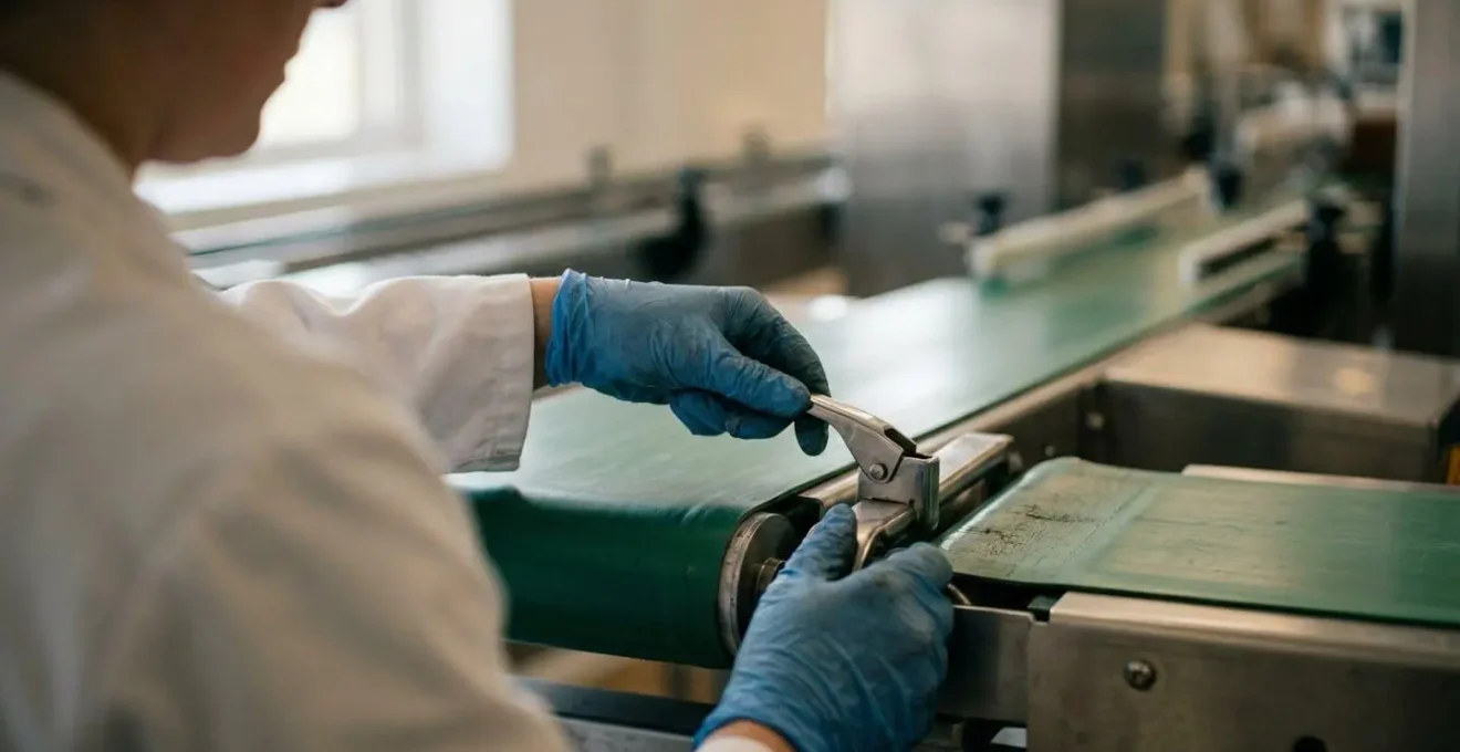 Opérateur effectuant un changement rapide de bande de convoyeur sans outils en environnement industriel