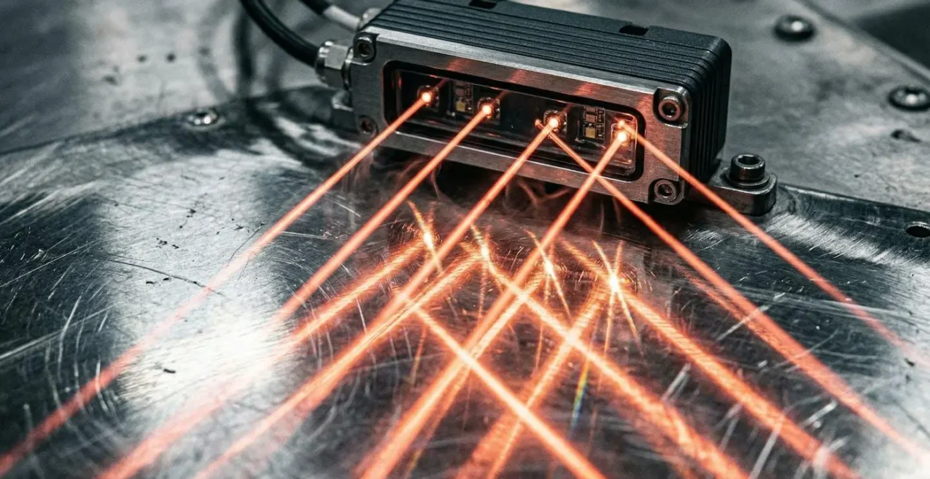 Gros plan macro sur les capteurs optiques d'une barrière immatérielle avec reflets lumineux sur surface métallique