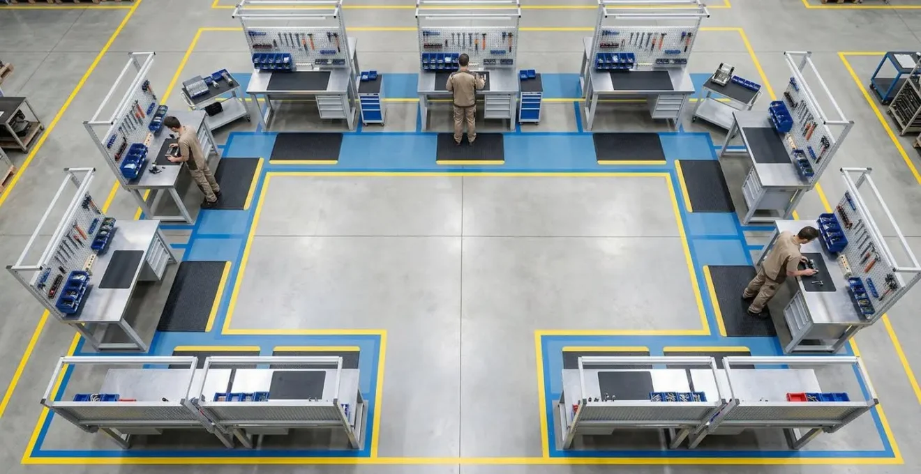 Vue aérienne d'un atelier industriel montrant les trajets colorés des opérateurs avant et après optimisation