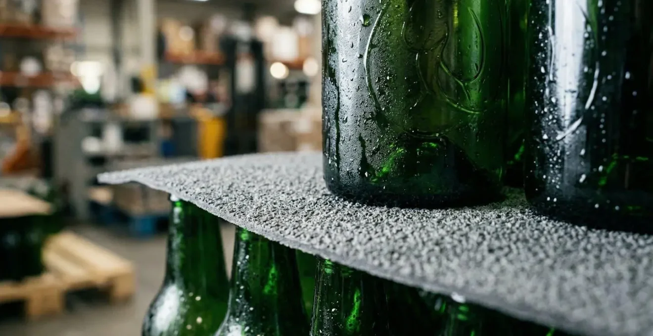 Gros plan sur une palette de bouteilles en verre avec intercalaires antiglisse entre les niveaux