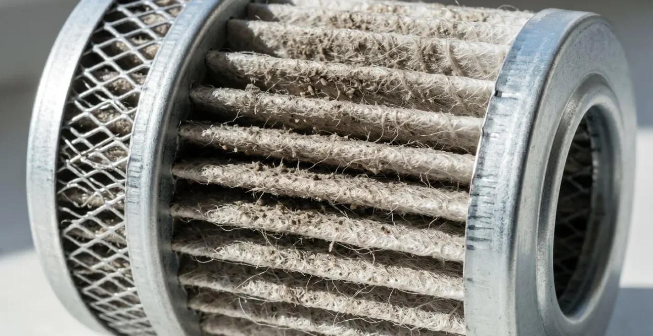 Gros plan extrême sur un filtre industriel saturé montrant l'accumulation détaillée de particules métalliques et huileuses