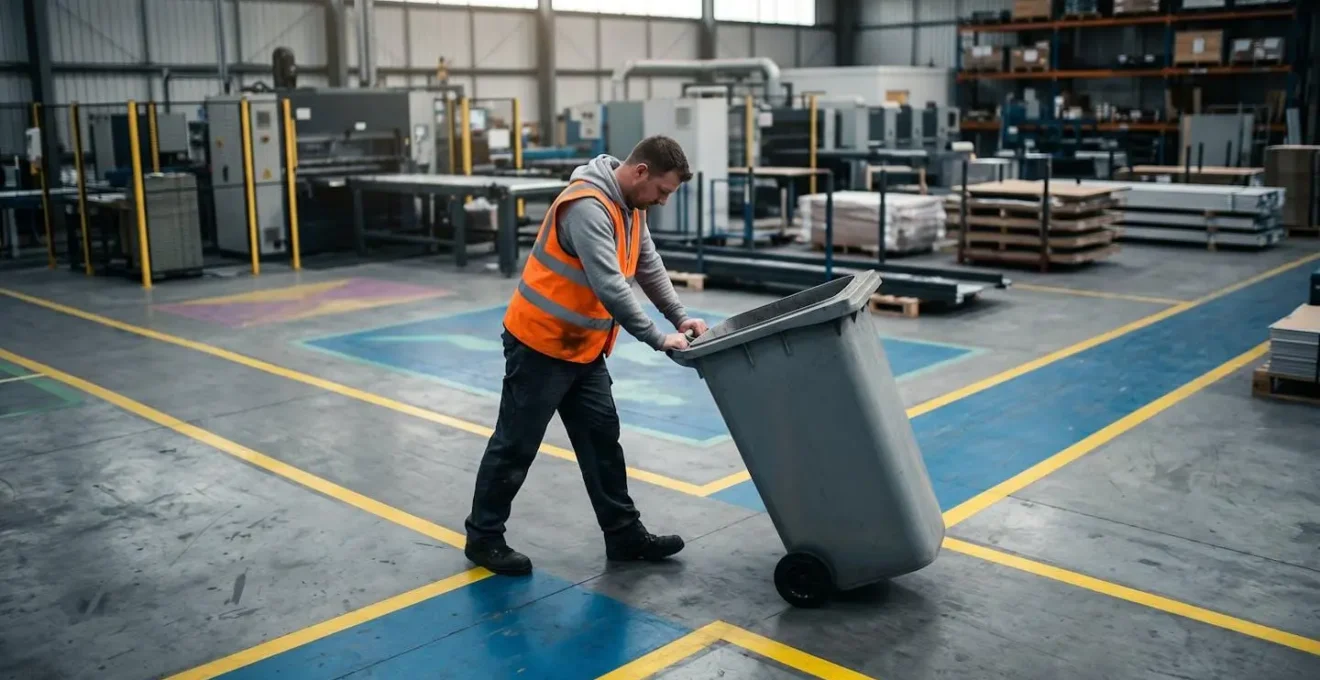 Vue plongeante d'un atelier montrant les trajectoires de flux de déchets matérialisées
