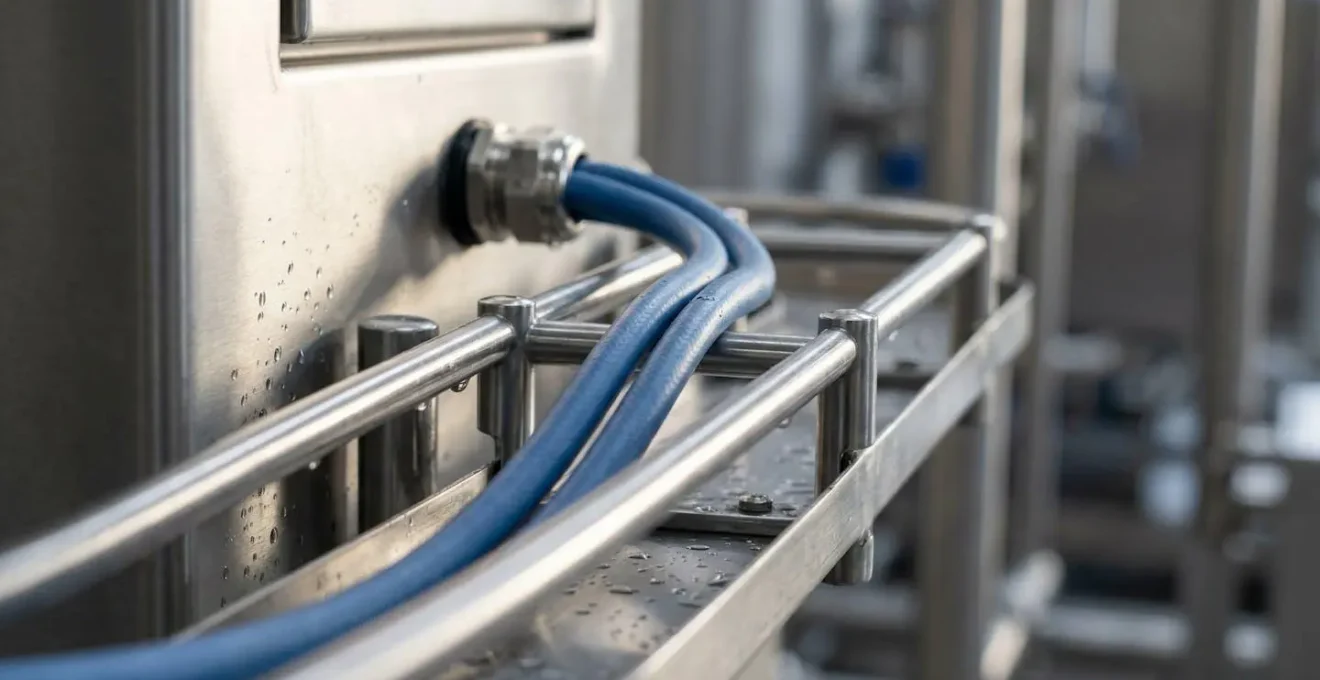 Système de gestion de câbles en acier inoxydable montrant l'espacement correct et l'accessibilité pour le nettoyage
