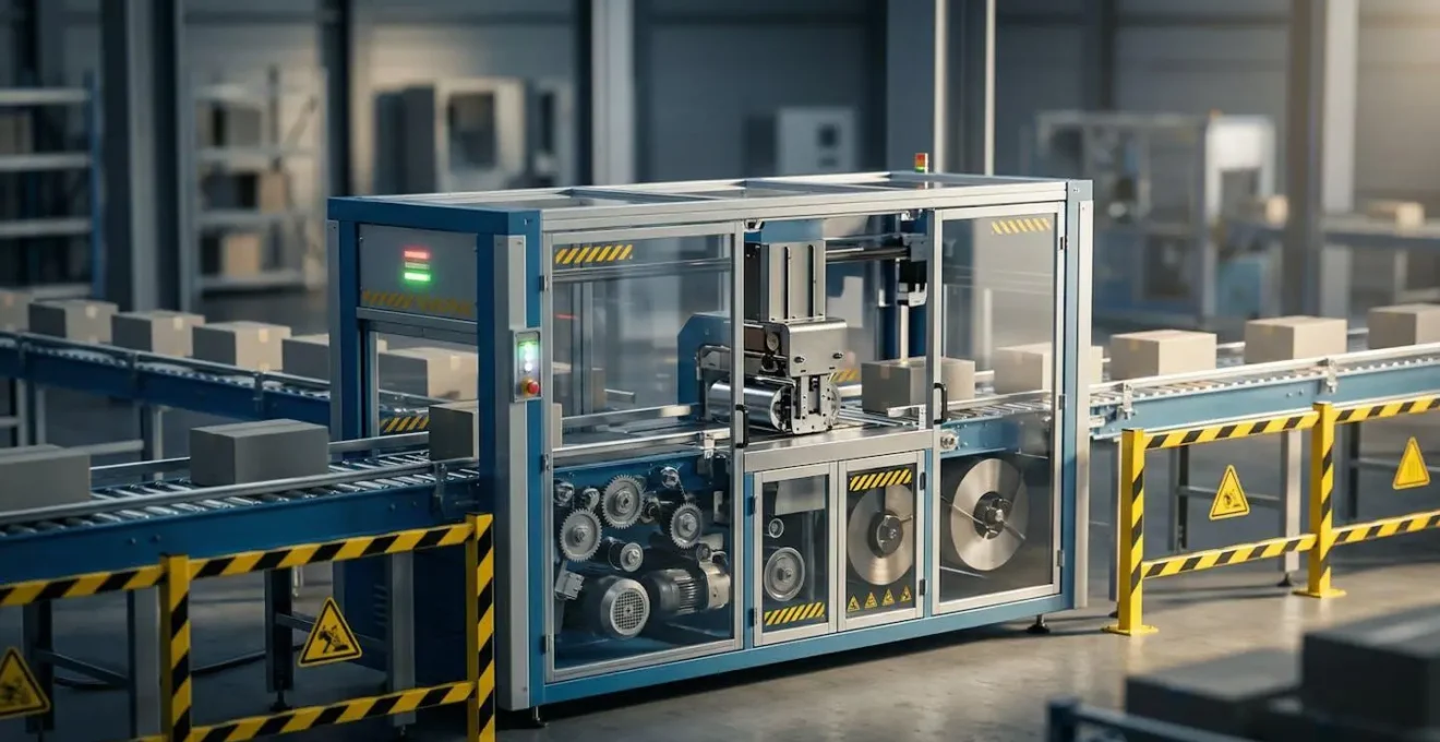 Vue isométrique 3D d'une cercleuse automatique intégrée dans une ligne de convoyeur industriel